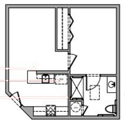 Floor plan of one apartment showing a sleeping area, kitchenette, and full bathroom