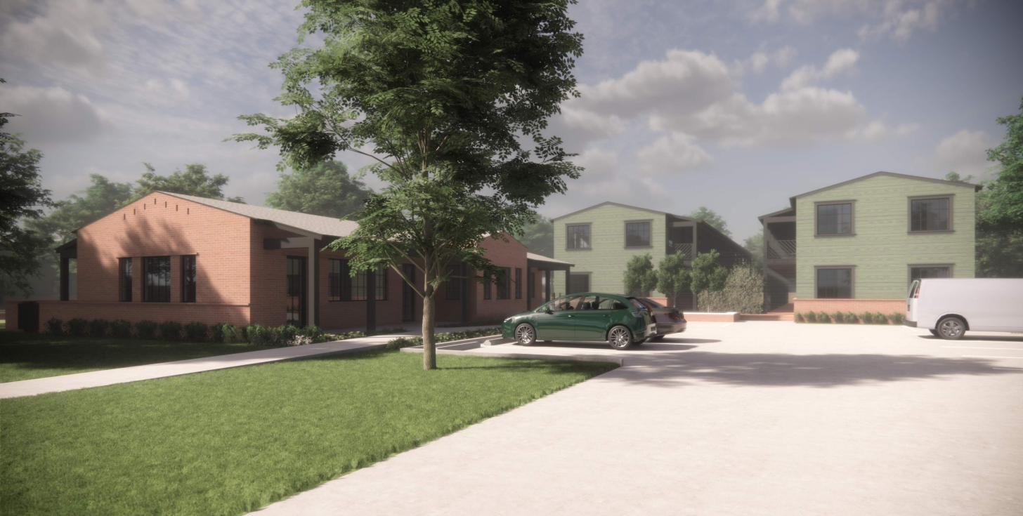 Rendering of the one-story brick community building and front lawn