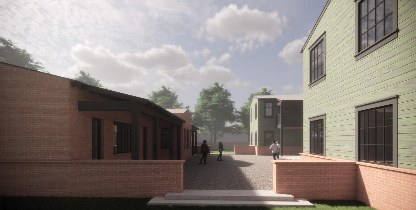 Rendering of the brick community building beside an apartment building, with residents walking toward the courtyard