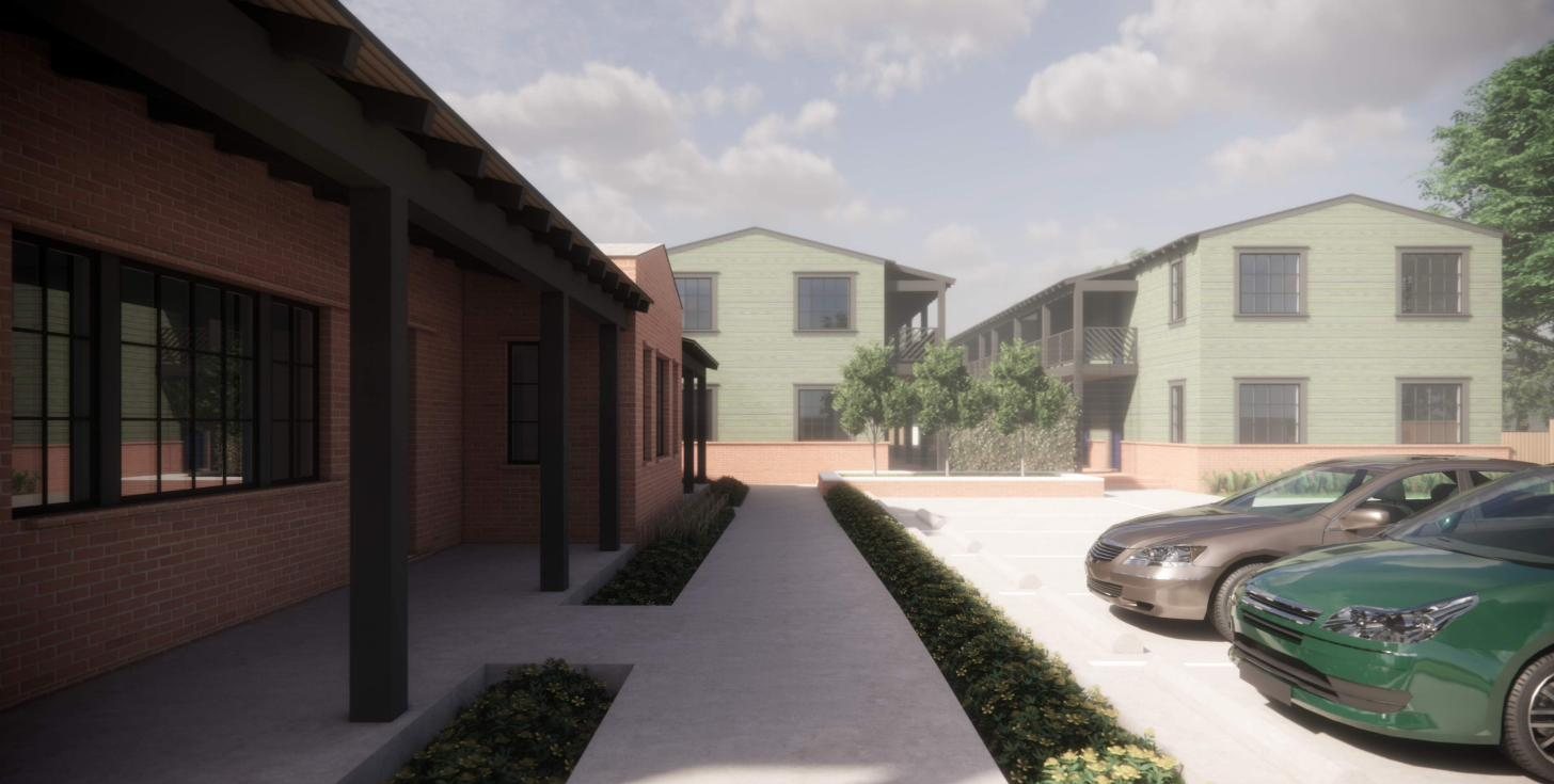 Rendering of the landscaped walk beside the community building porch