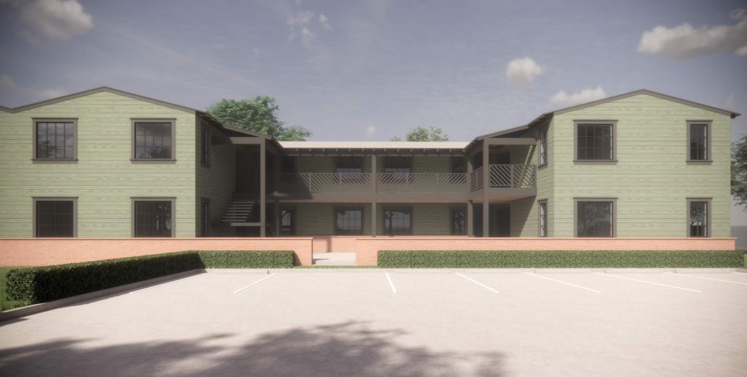 Architectural rendering of two sage-green, two-story apartment buildings joined by covered walkways around a shared courtyard