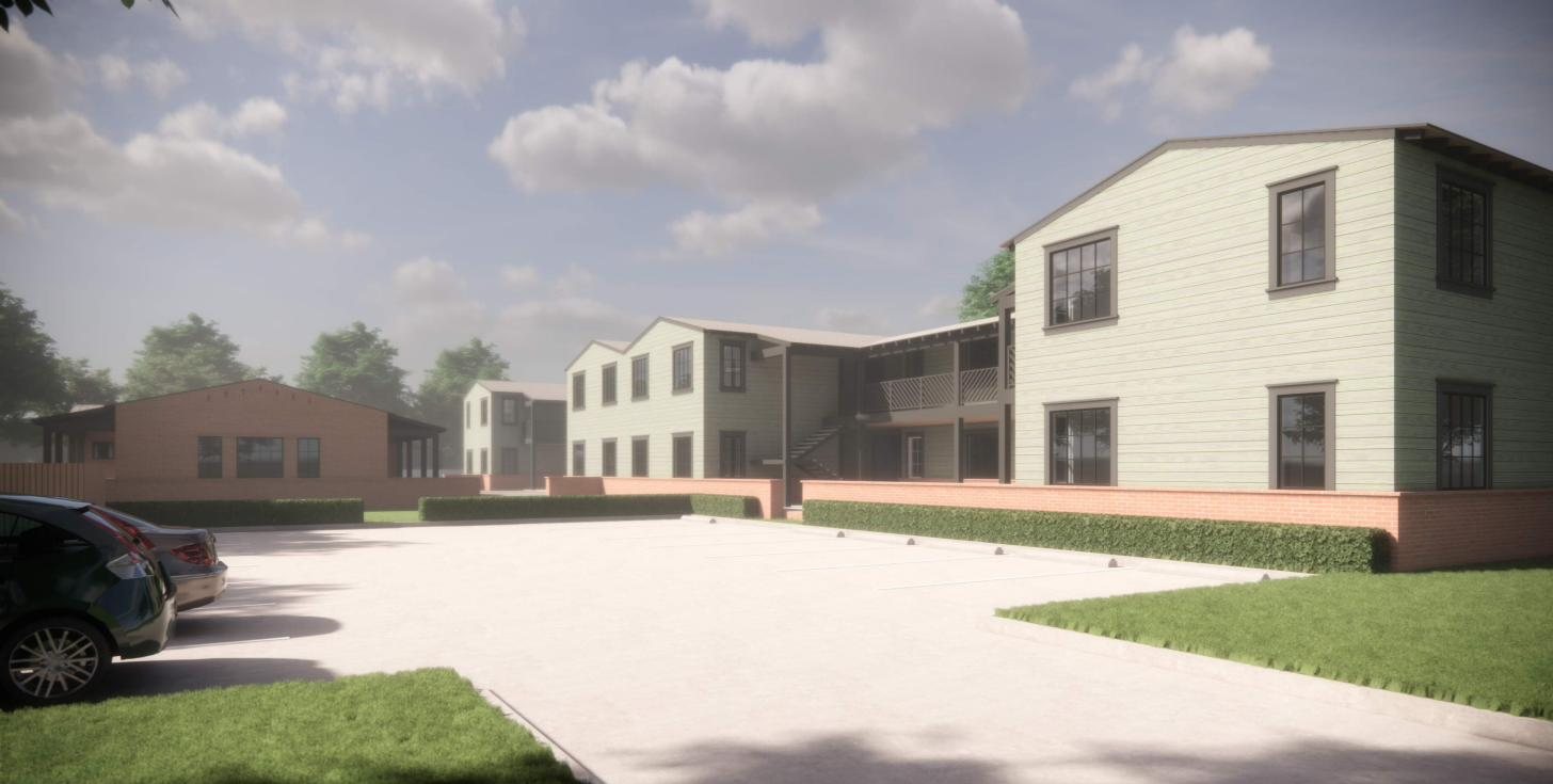 Rendering of the apartment buildings seen from the parking area