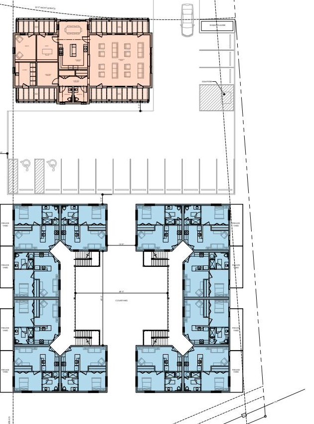 Phased site plan: community building at the front of the lot, parking in the middle, and two U-shaped apartment buildings around a courtyard at the back